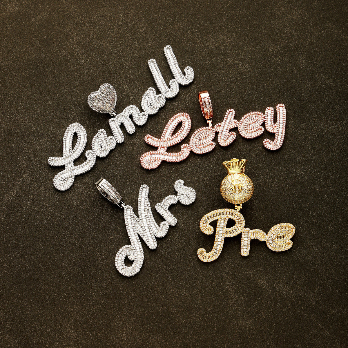 Custom Baguette Cursive Letter Pendant Necklace White Gold