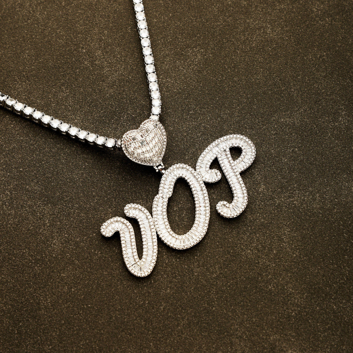 Custom Baguette Cut Letters Name Pendant White Gold
