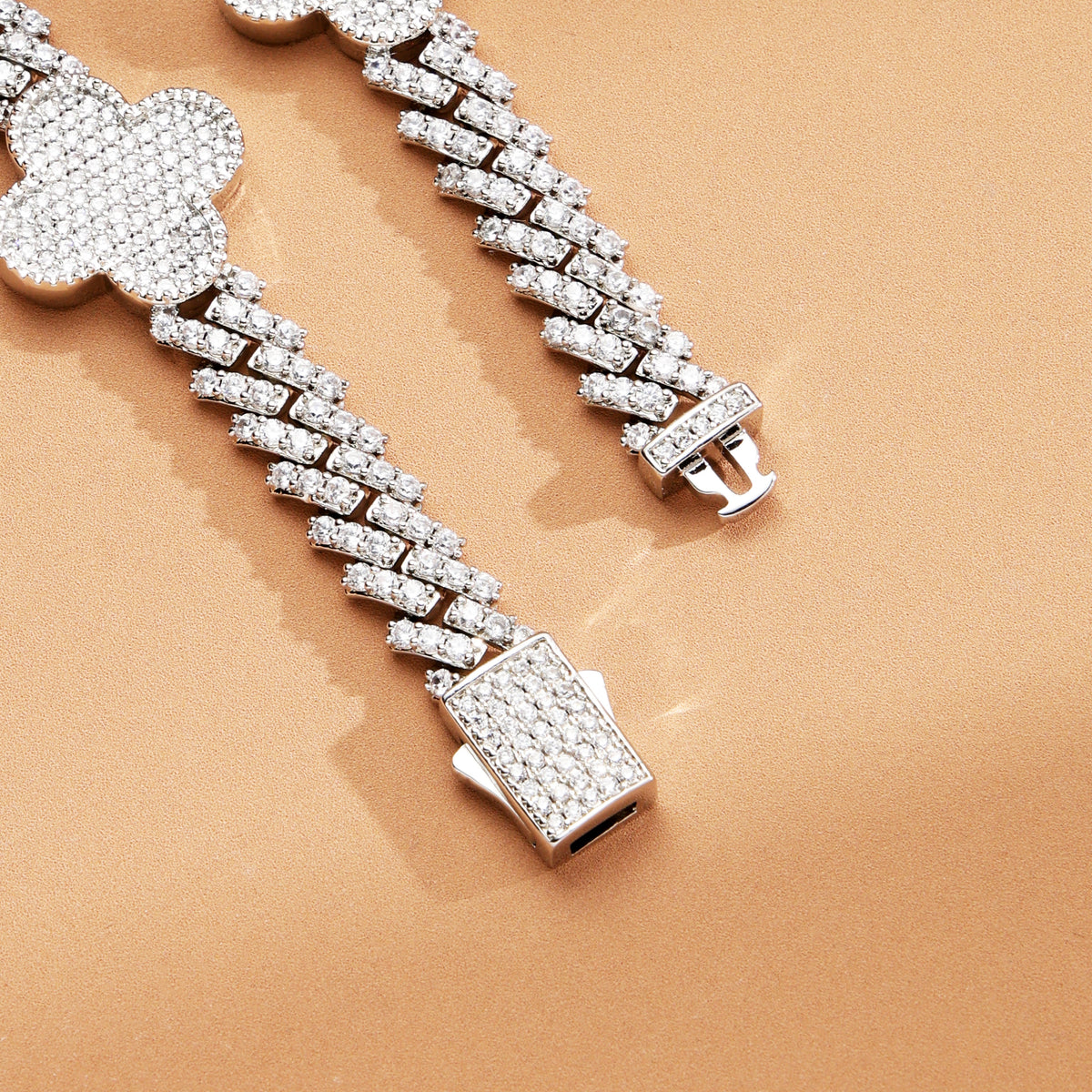 8mm Iced Out Four Leaf Cuban Link Chain White Gold