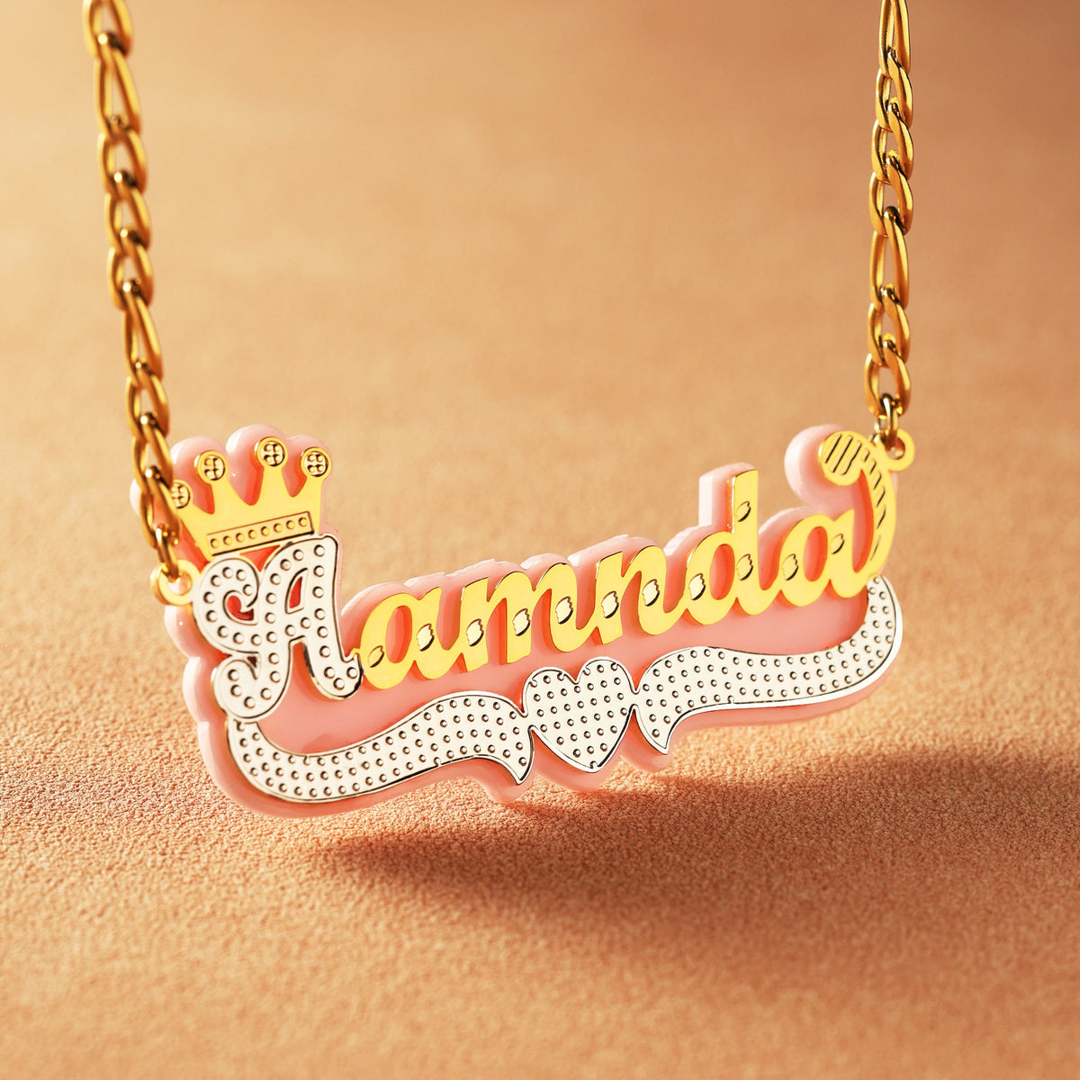 Double Plated Heart Crown Name Necklace