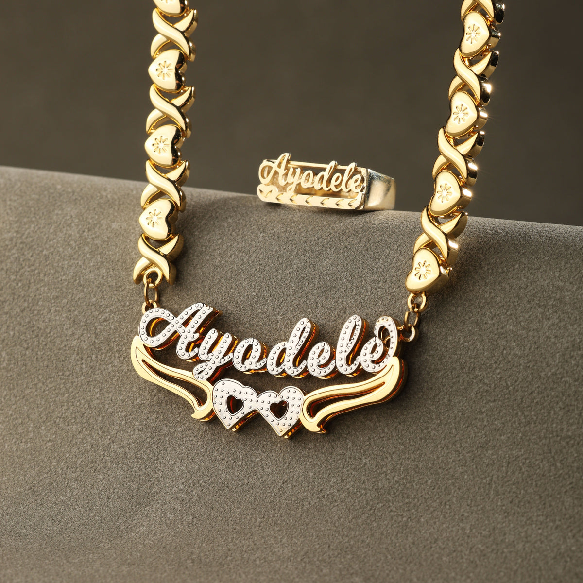 Retro Personalized Name Necklace & Ring Set - Double Heart