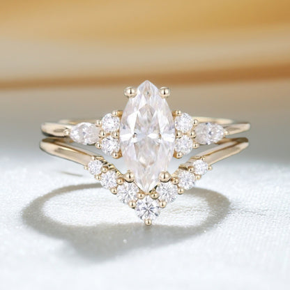 Yellow Gold Marquise Cut Moissanite Engagement Ring Set