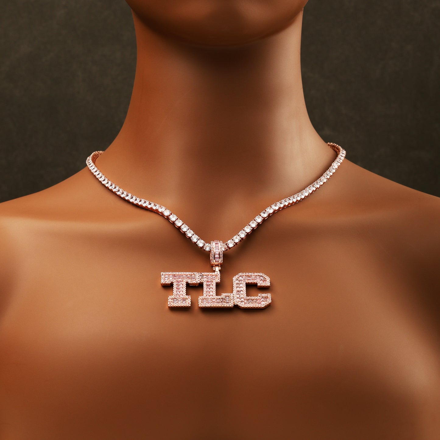 Custom Baguette Cut Letters Name Pendant Rose Gold