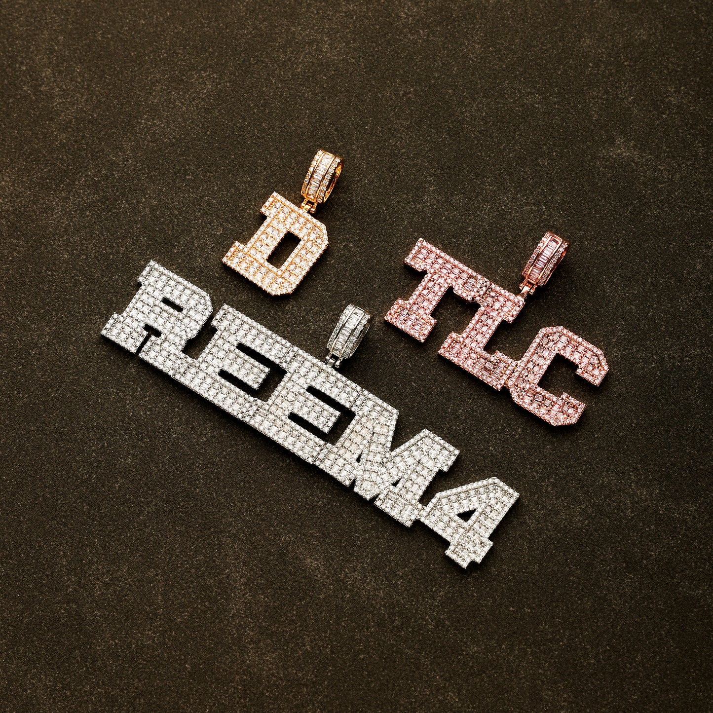 Custom Baguette Cut Letters Name Pendant Rose Gold