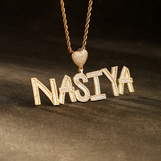 Custom Baguette Letter Pendant Necklace 18K Gold