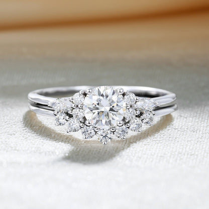 White Gold Round Cut Moissanite Engagement Ring Set