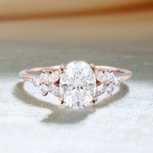 Oval Cut Moissanite Blossom Engagement Ring with Double Claws in Rose Gold