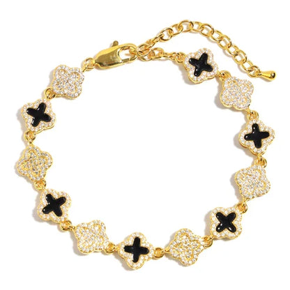 Black Enamel Clover Diamond Gemstone Bracelet