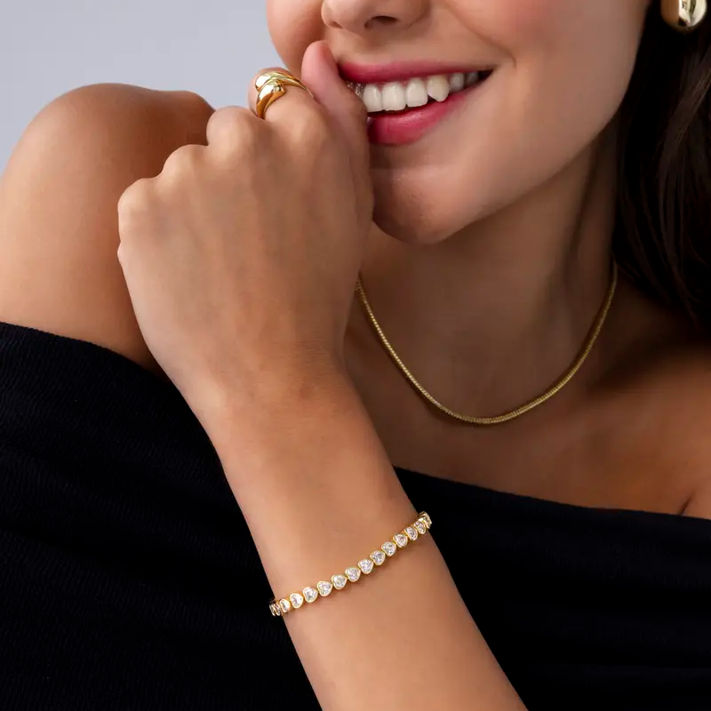 Gold Plated Heart Tennis Bracelet for Women Cubic Zirconia Heart Link Chain