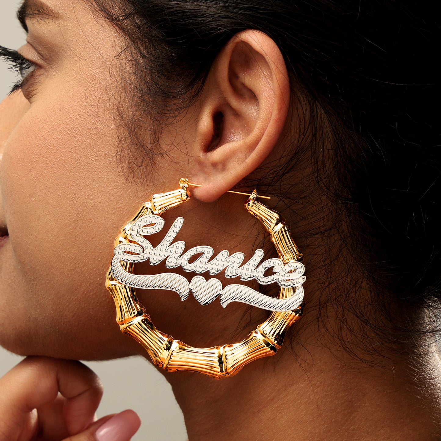 Bamboo Heart Name Hoop Earrings