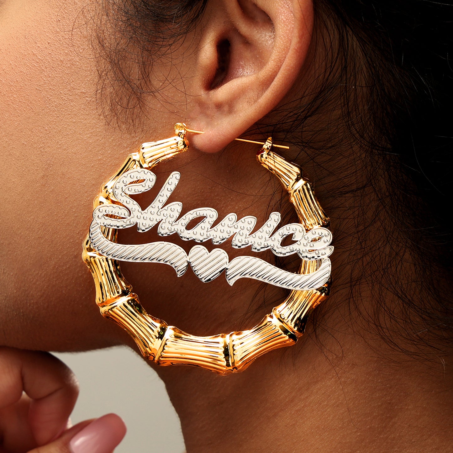 Bamboo Heart Name Hoop Earrings