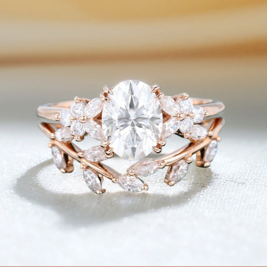 Oval Cut Moissanite Leaf Engagement Ring Set