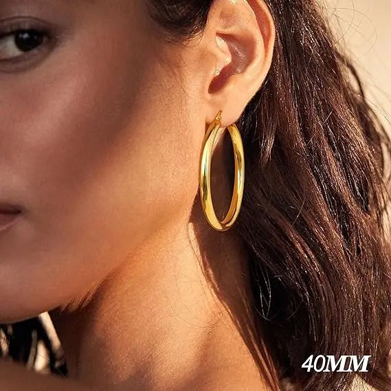 4mm Chunky Gold Hoop Earrings - Lightweight Hollow Tube & Hypoallergenic | Big Statement Hoops for Women (20-70MM)