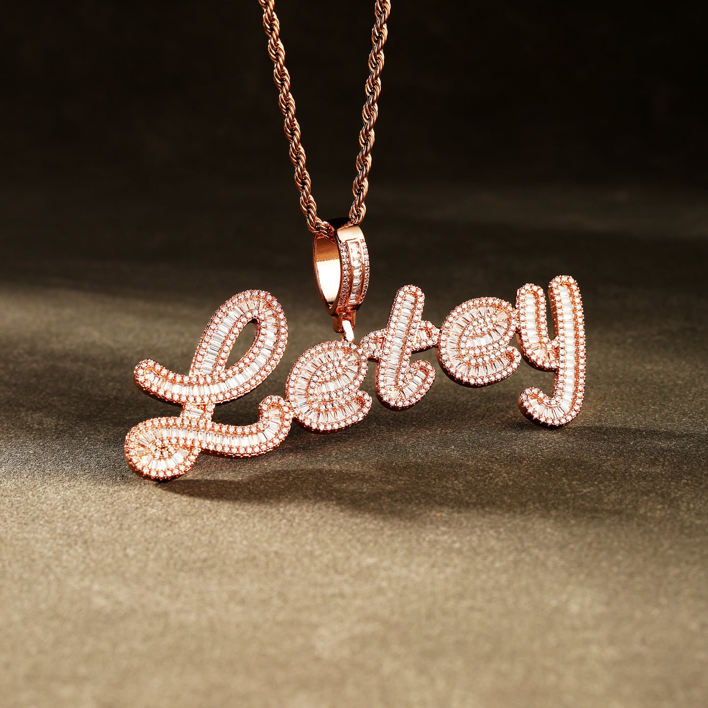 Custom Baguette Cursive Letter Pendant Necklace Rose Gold