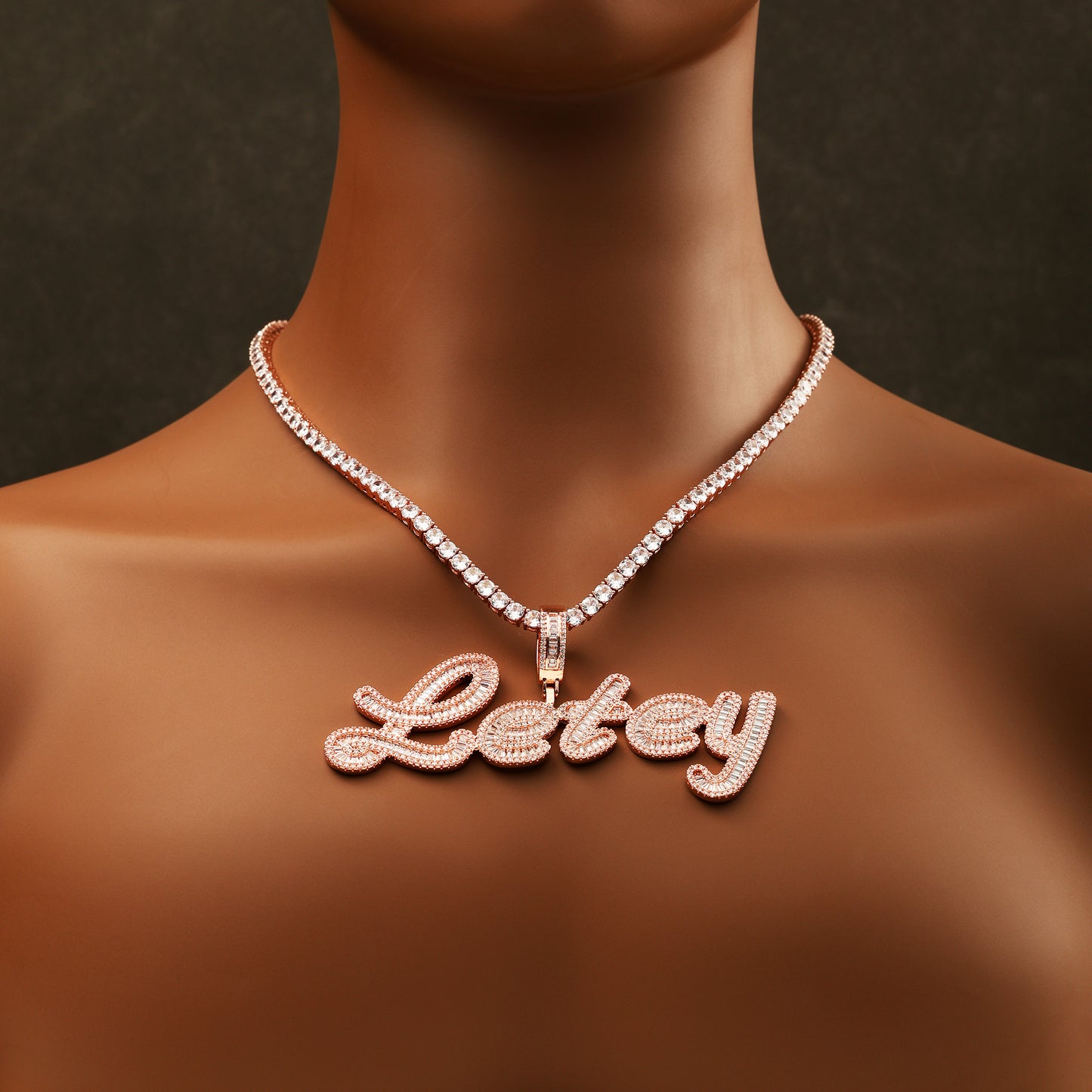 Custom Baguette Cursive Letter Pendant Necklace Rose Gold