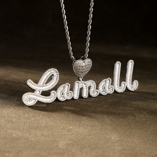 Custom Baguette Cursive Letter Pendant Necklace White Gold