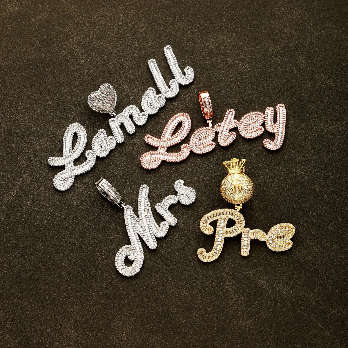 Custom Baguette Cursive Letter Pendant Necklace 18K Gold