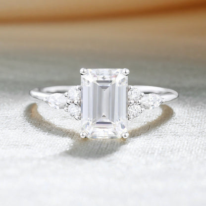 2CT Emerald Cut Moissanite Classic Side Stone Engagement Ring