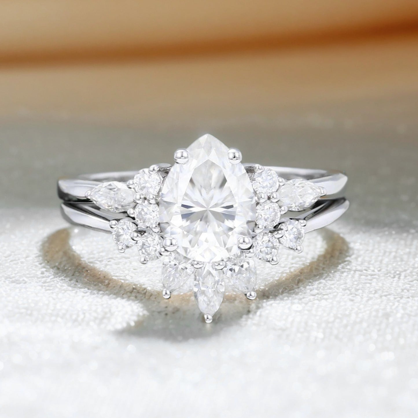 White Gold Pear shaped Moissanite Engagement Ring Set