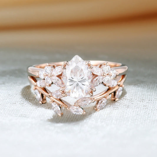 Pear Cut Moissanite Engagement Ring Set Nature Inspired Bridal Set