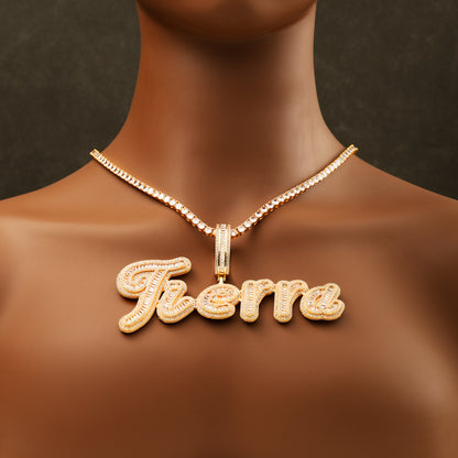 Custom Baguette Cursive Letter Name Pendant 18K Gold