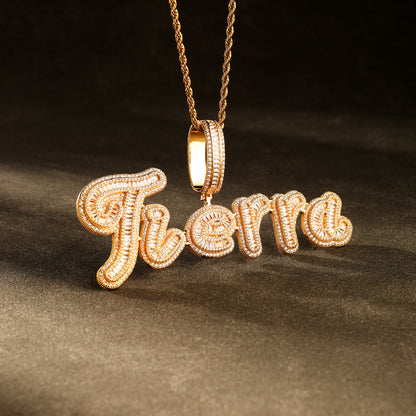 Custom Baguette Cursive Letter Name Pendant 18K Gold