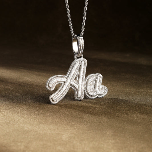 Custom Baguette Cursive Letter Name Pendant White Gold