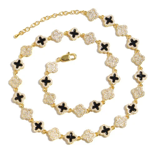 Black Enamel Clover Diamond Gemstone Bracelet
