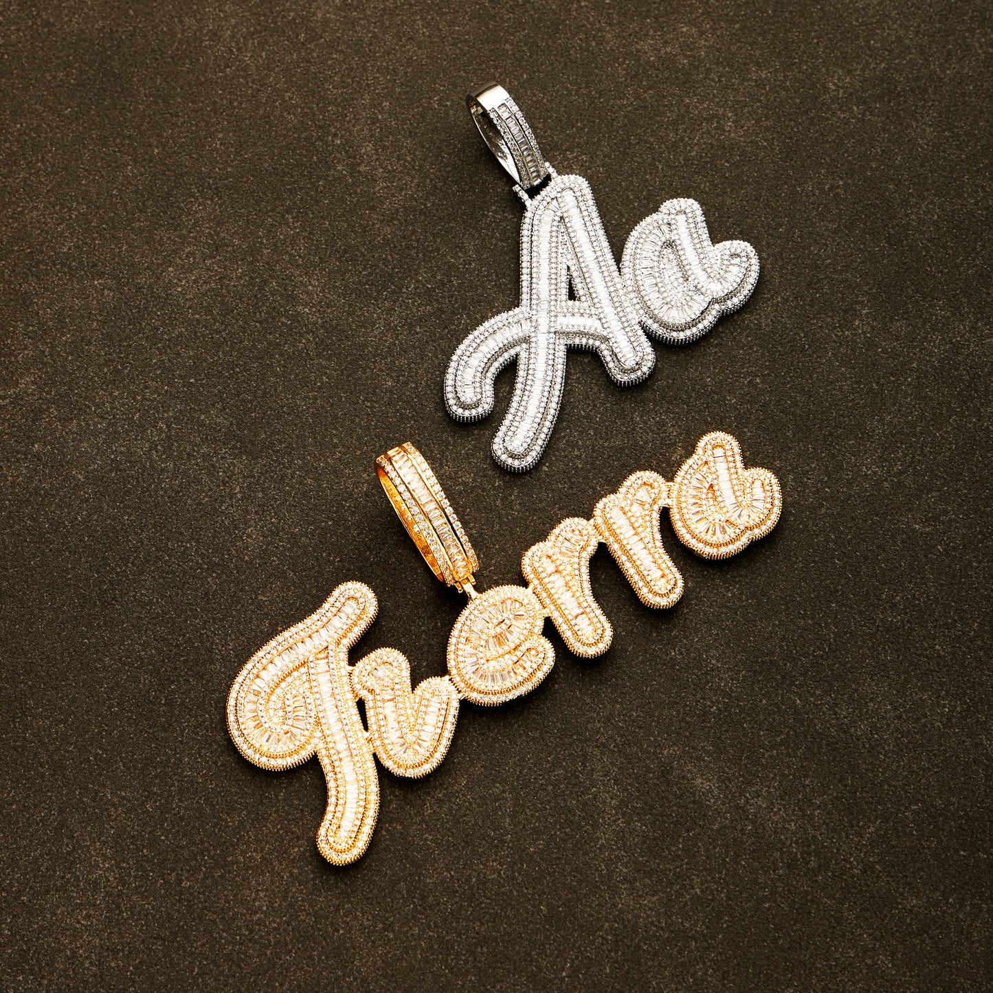 Custom Baguette Cursive Letter Name Pendant 18K Gold