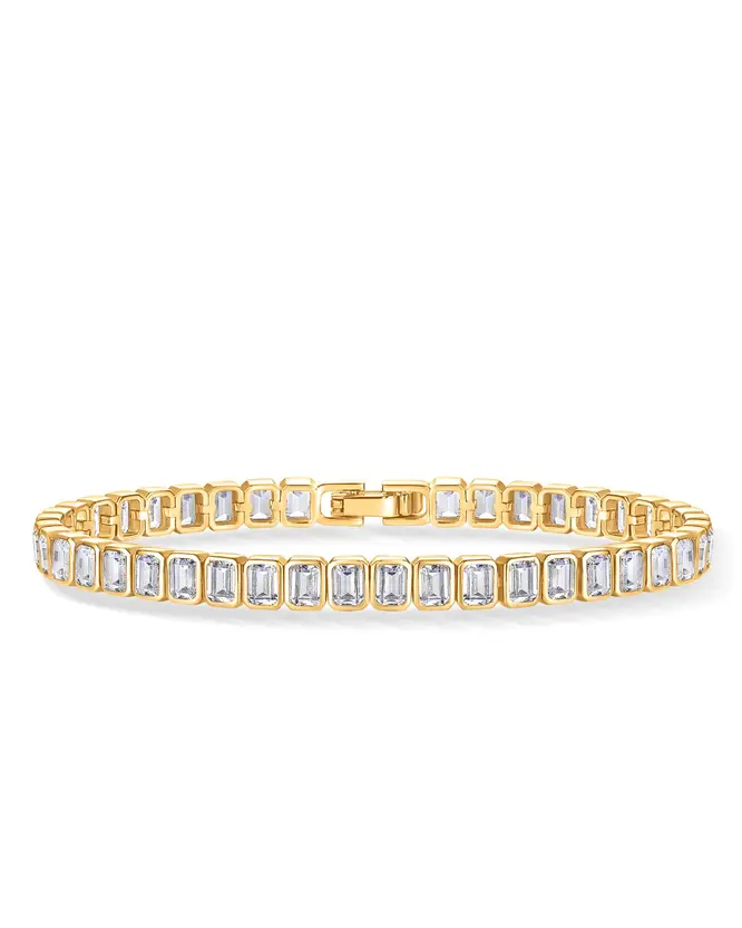 Gold Plated Emerald Cut Tennis Bracelet for Women Classic Cubic Zirconia Eternity Bracelet
