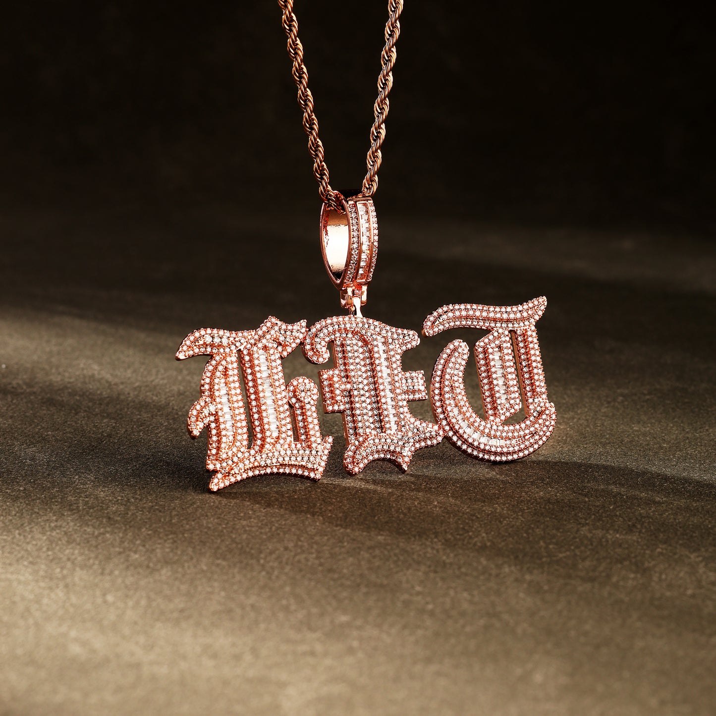 Custom Iced Baguette Old English Pendant Rose Gold