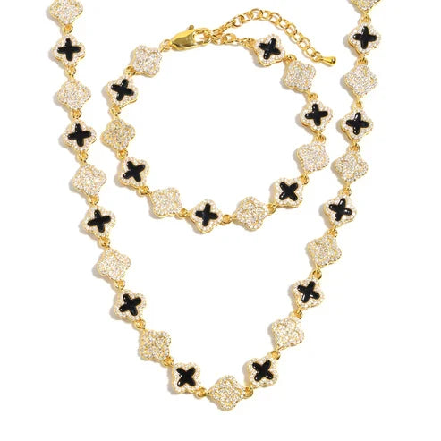 Black Enamel Clover Diamond Gemstone Bracelet