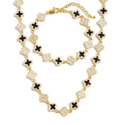 Black Enamel Clover Diamond Gemstone Bracelet
