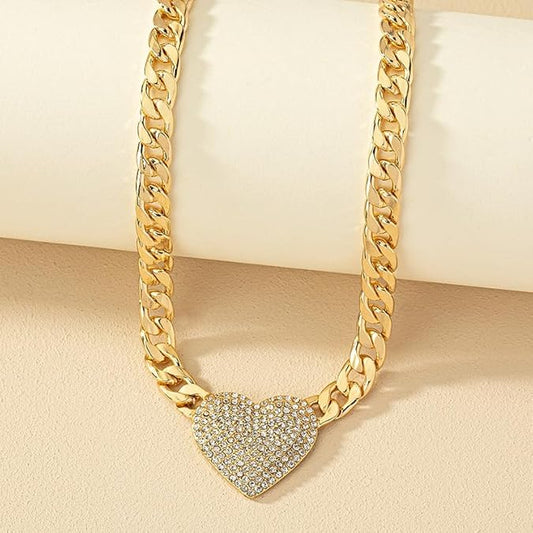 Cuban Link Heart Pendant Necklace Zirconia Studded Love, Silver/Gold Choice