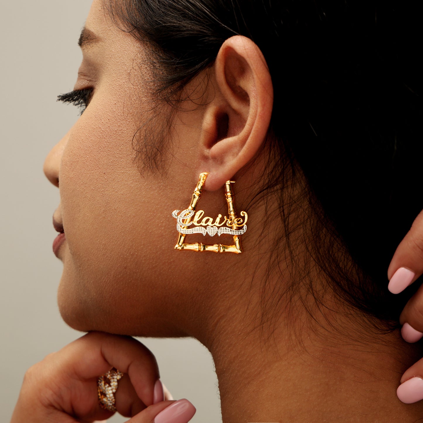 Bamboo Trapezoid Outline Name Hoop Earrings