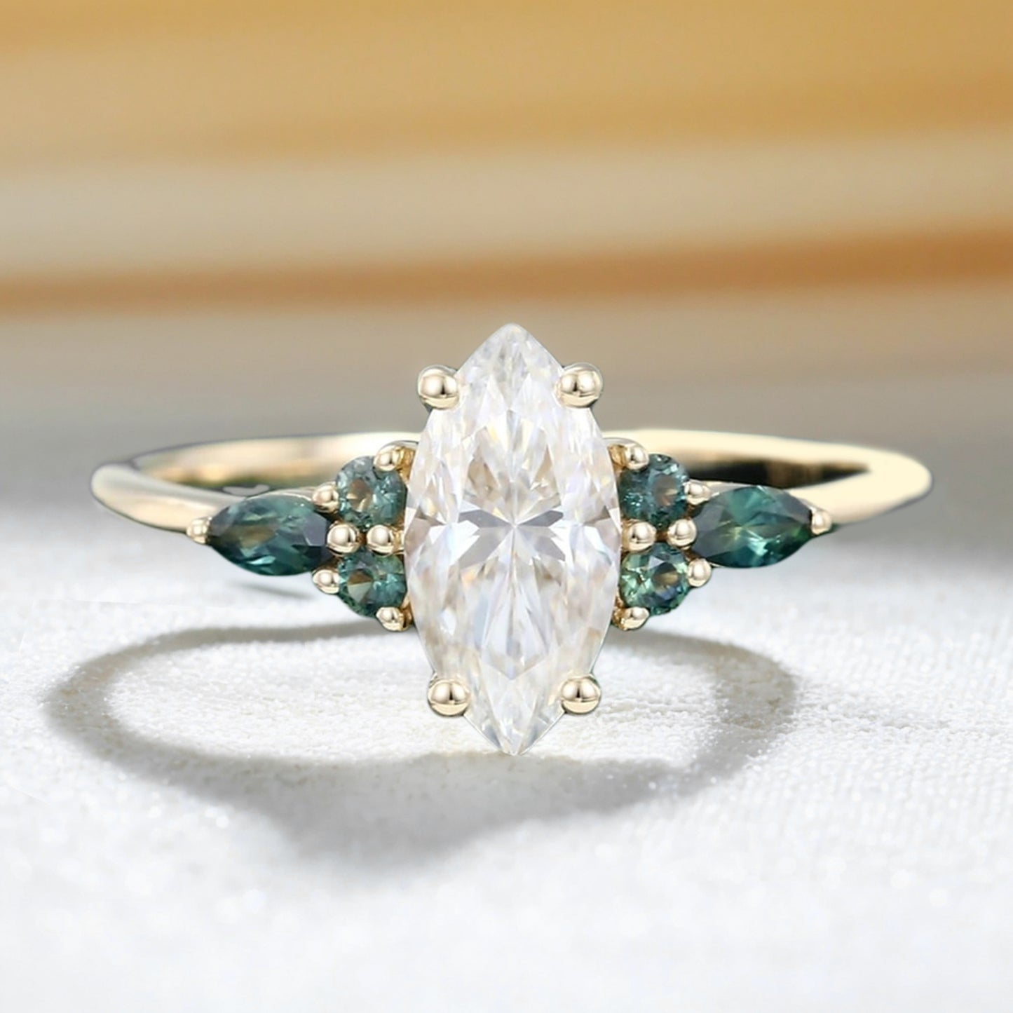 Marquise Cut Moissanite With Green Blue Sapphire Engagement Ring