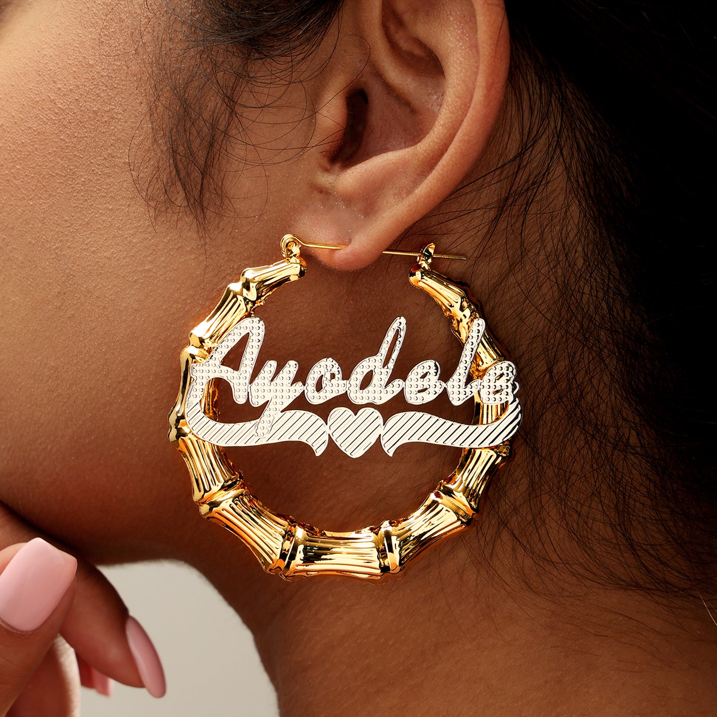 Bamboo Name Heart 2Tone Name Hoop Earrings