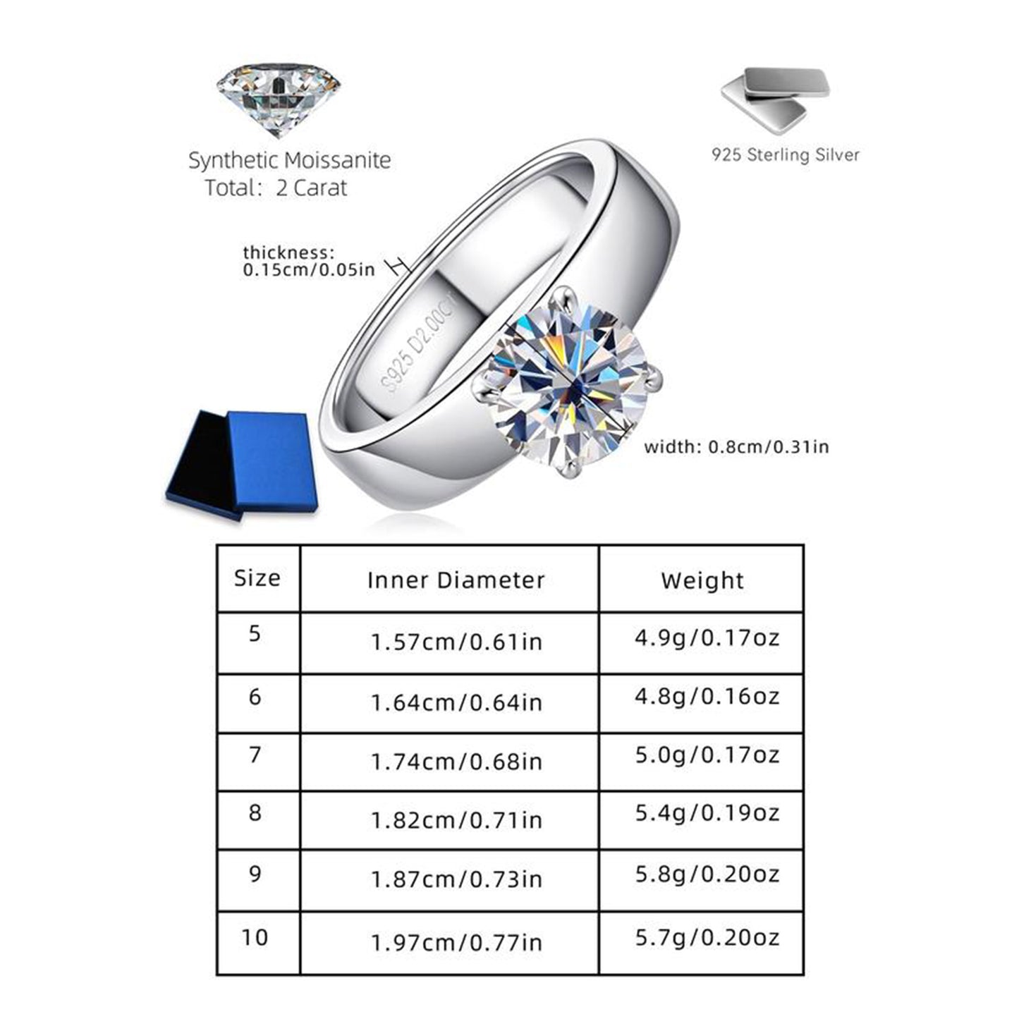 S925 Sterling Silver Synthetic Moissanite Ring