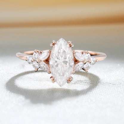 Marquise Cut Moissanite Blossom Engagement Ring Double Claws Setting