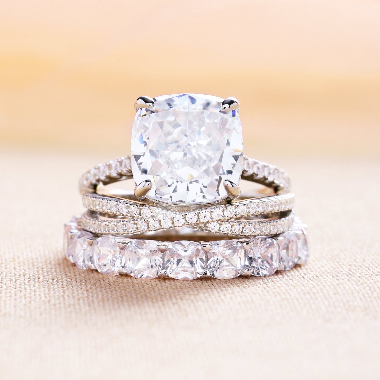 Gorgeous Cushion Cut 3 Pieces Ring Set