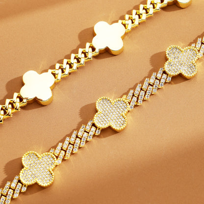 8mm Iced Out  Four Leaf Cuban Link Chain 18K Gold