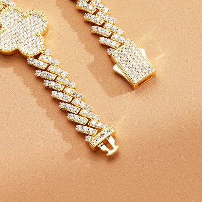 8mm Iced Out  Four Leaf Cuban Link Chain 18K Gold