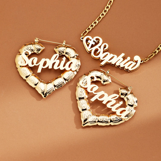 Heart Bamboo Custom Name Jewelry Set