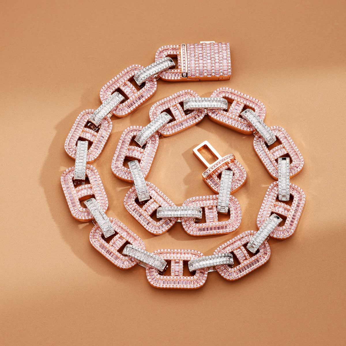 15MM Baguette Miami Cuban Link Iced Out Diamond Necklace Chain White and Pink