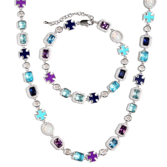 Blue Multi Gemstone Motif Necklace Set