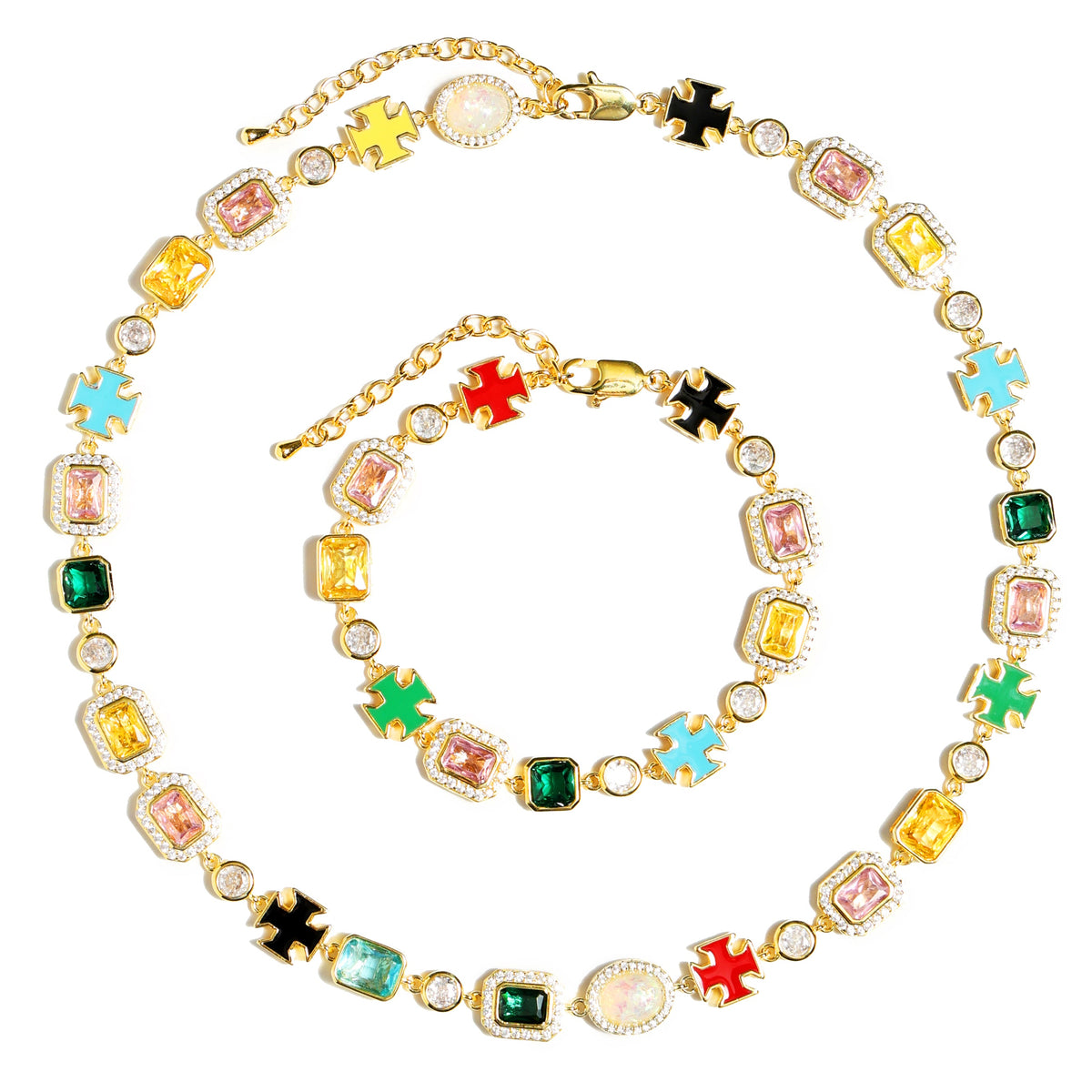 Multi Gemstone Motif Set(Gemstone Necklace & Bracelet)