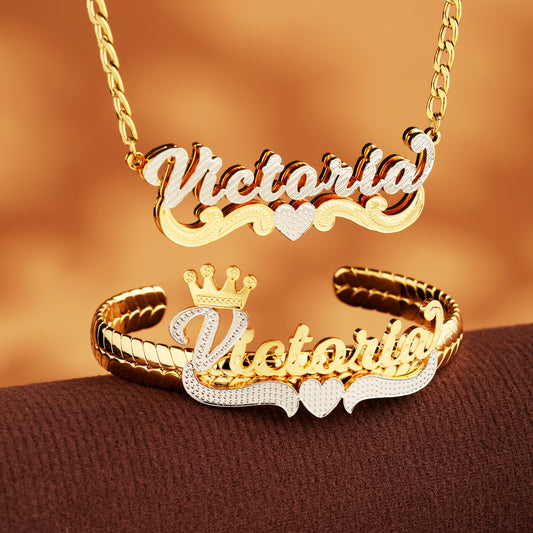 Crown Heart Custom Name Bracelet and Necklace Set