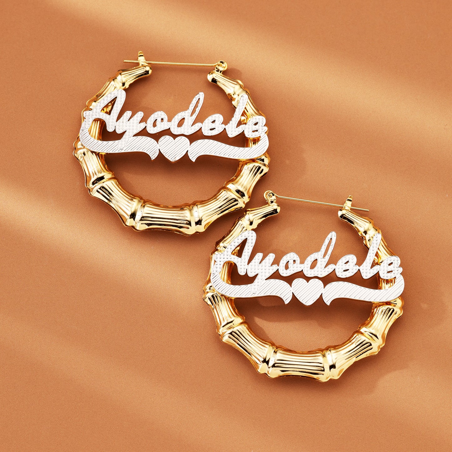 Bamboo Name Heart 2Tone Name Hoop Earrings