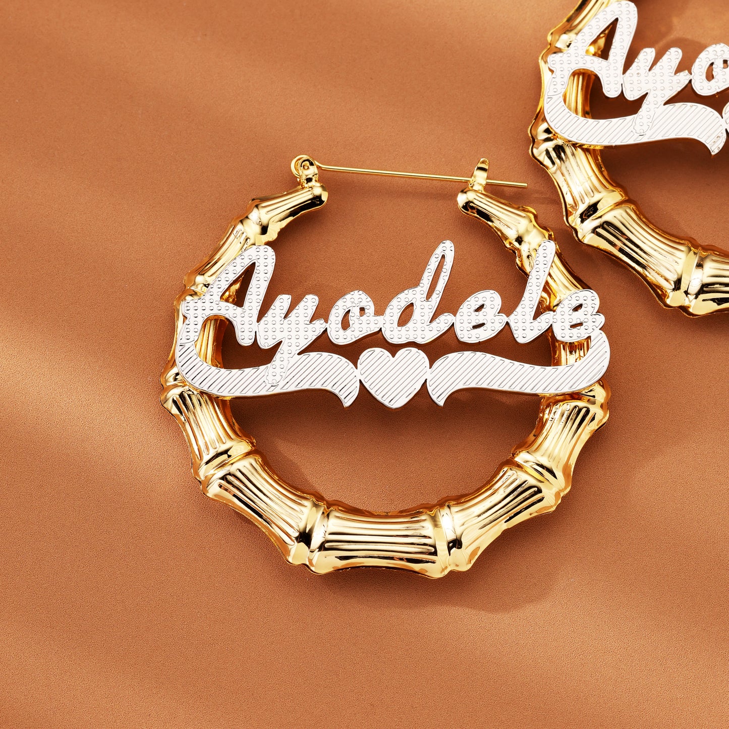 Bamboo Name Heart 2Tone Name Hoop Earrings