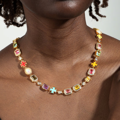 Pink Multi Gemstone Motif Necklace Set (Unisex Necklace ＆ Bracelet)